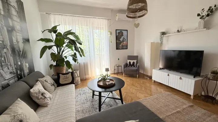 Világos nappali növényekkel és nagy ablakkal – West Budapest Apartman